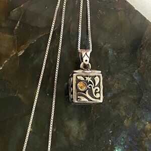 Sterling Silver 925 Scrollwork Citrine Hinged Prayer Box Pendant Necklace 18.5"